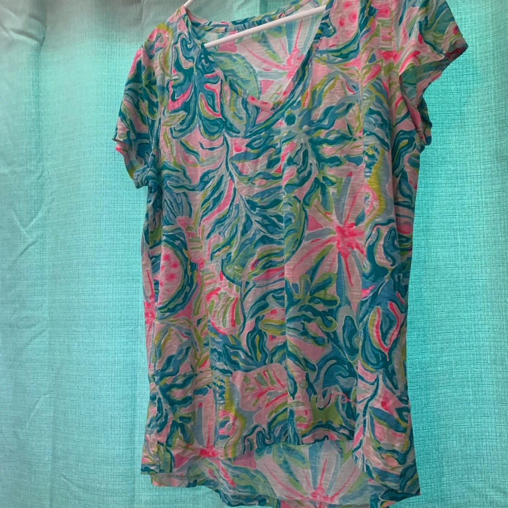 Lilly Pulitzer Pink, Blue & Green Tropical Print V-Neck Top